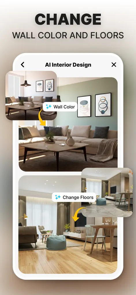 AI style transformation applying a new interior design style to a living space