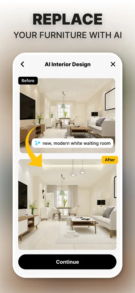 Before and after AI makeover of a living room in Interior AI